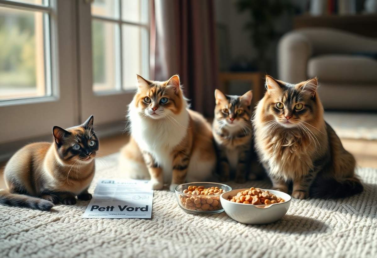 Three different cat breeds eating from bowls