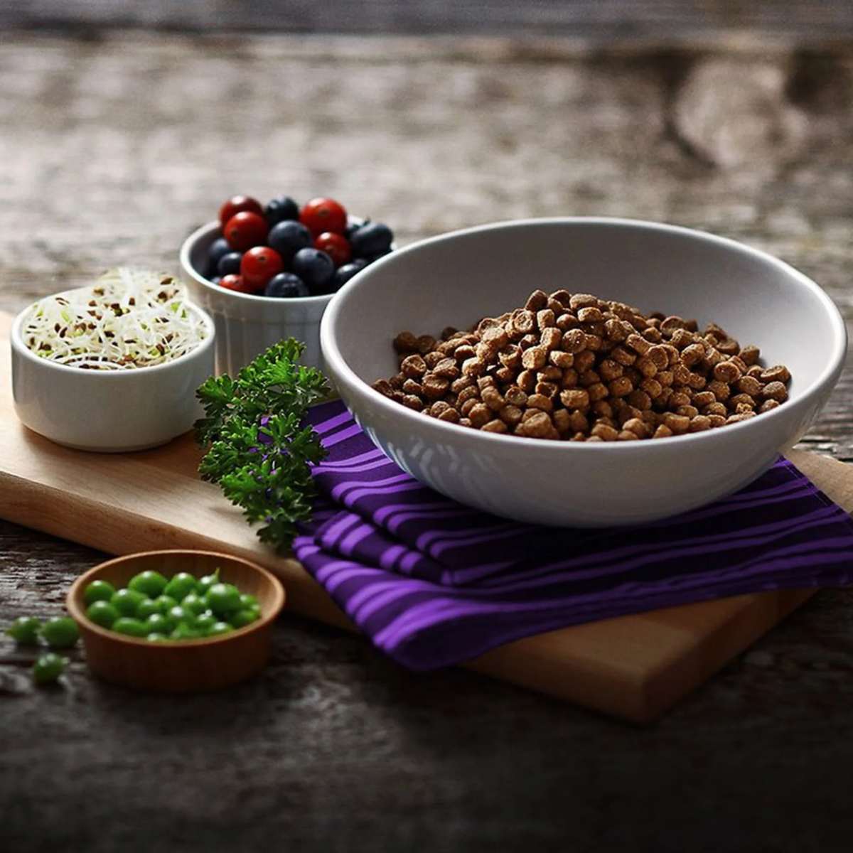 Bowl of grain-free kibble and raw grains background